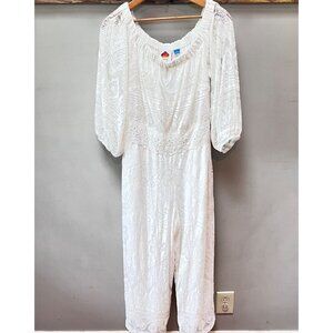 Farm Rio For Anthropologie White Lace Maxi‎ Jumpsuit With Balloon Sleeves Size M